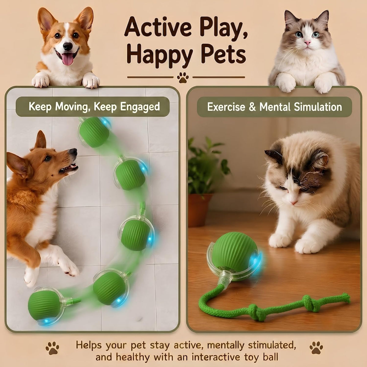 Interactive Cat Toy Automatic Moving Ball, Indoor Cats, Rechargeable, Green