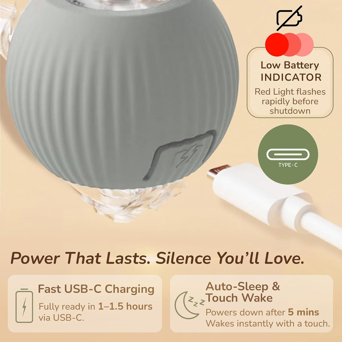 Interactive Cat Toy Automatic Moving Ball, Indoor Cats, Rechargeable, Gray